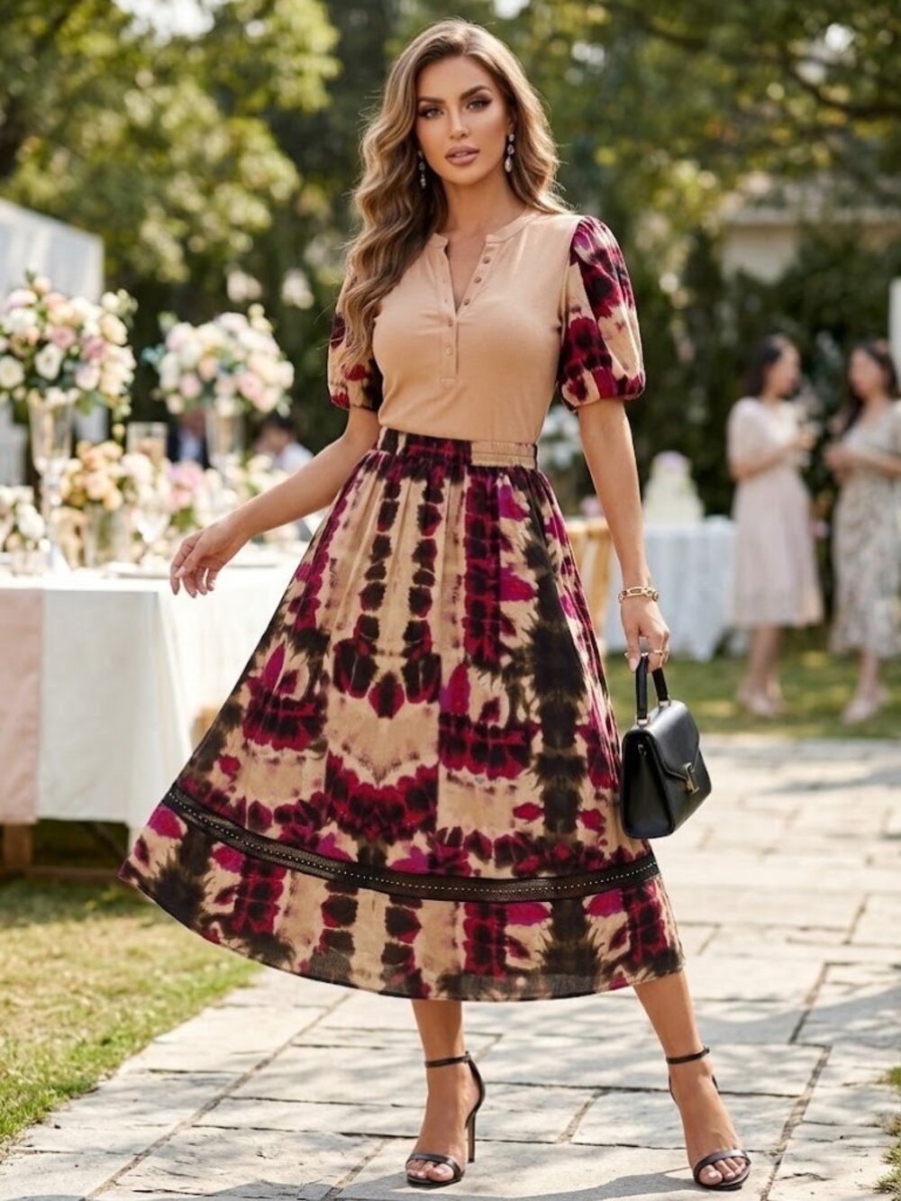 DKNY Stunning 2 piece Set Short Puff Sleeve Midi Length Fully Lined Skirt